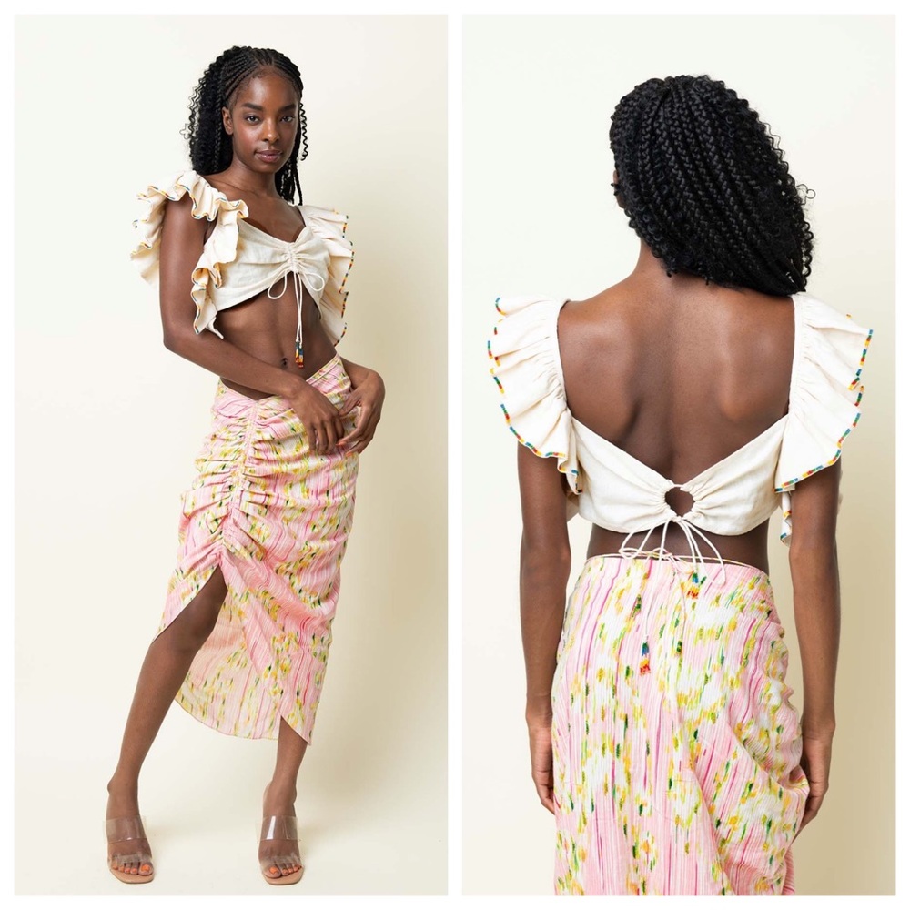 La Fuori Top Paula Cream Artisan Embellished Crop Top